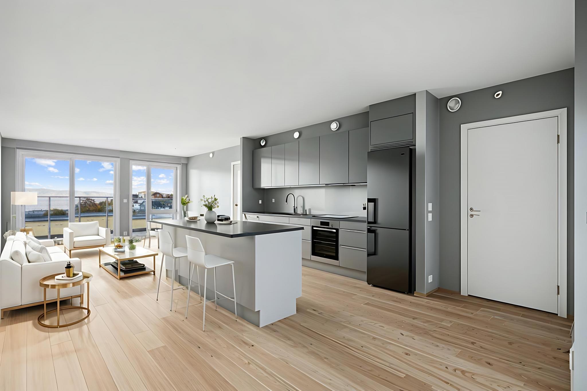 Stue/kjøkken med
AI- genererte møbler.